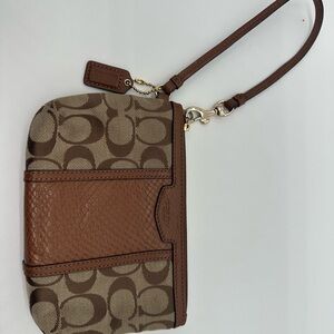 Coach Brown Signature Canvas and Leather Wristlet with Gold Hardware